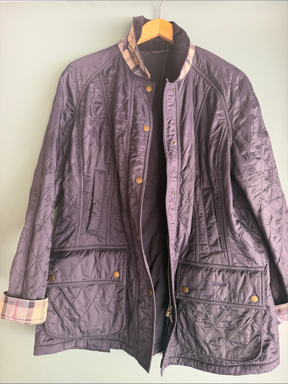 Barbour Quilted Pea Coat in Deep Plum with Plaid Trim